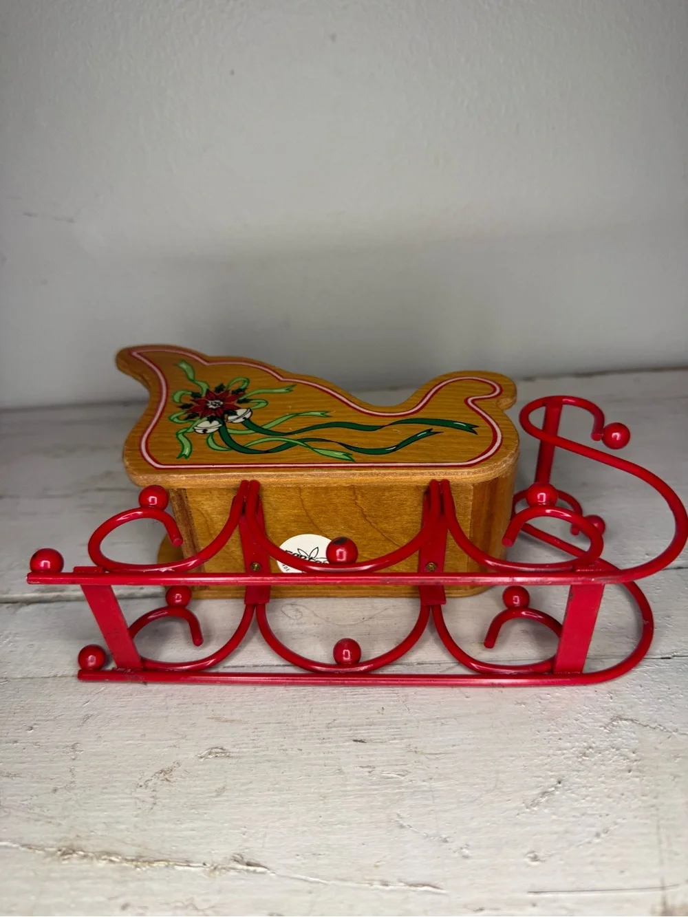 Vintage Poinsettia Wooden Sleigh Planter w/Metal Rails. Sleigh 8